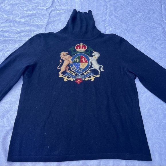 Vintage Ralph Lauren Crest Turtleneck Wool Cashmere Angora Sweater Gray pm - Picture 2 of 5